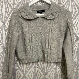Gray Cable Knit Sweater with Pearl Details